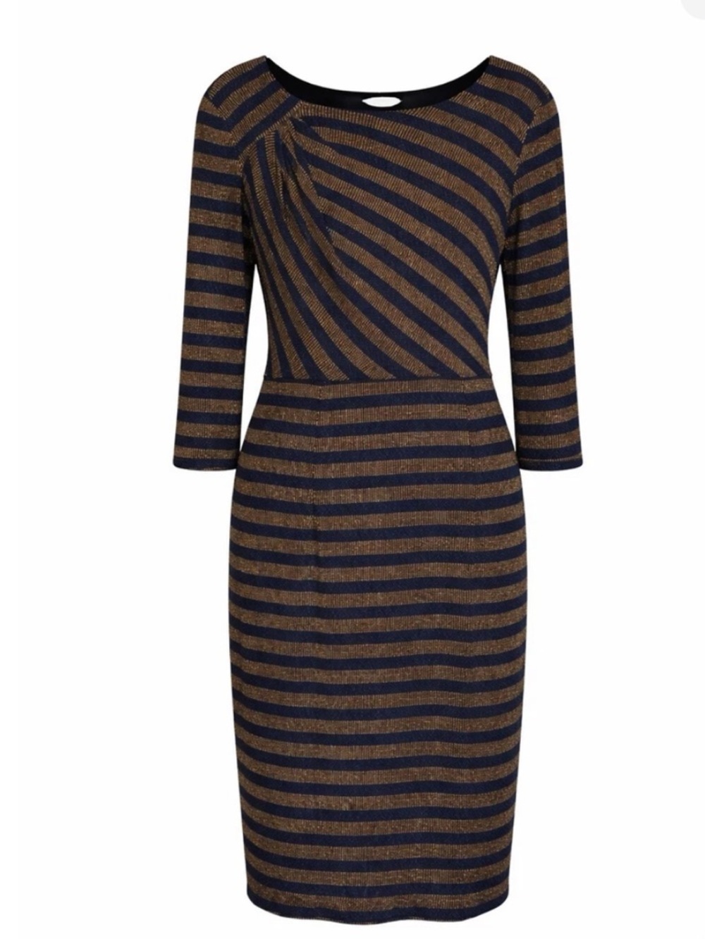 Lily Taylor Size 16 Striped Sheath Dress Navy Gold Metallic